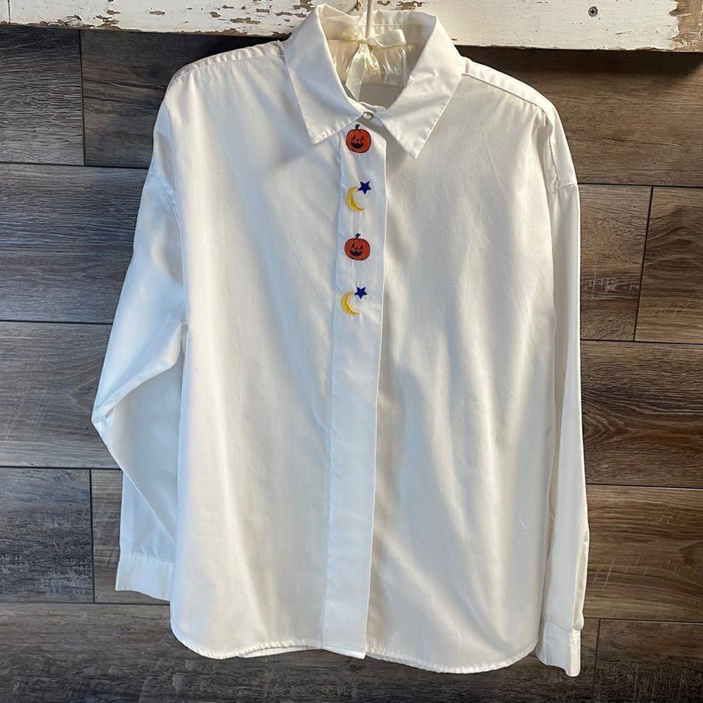 Ladies Button Down Halloween Long Sleeve Blouse with Pumpkins and Moons